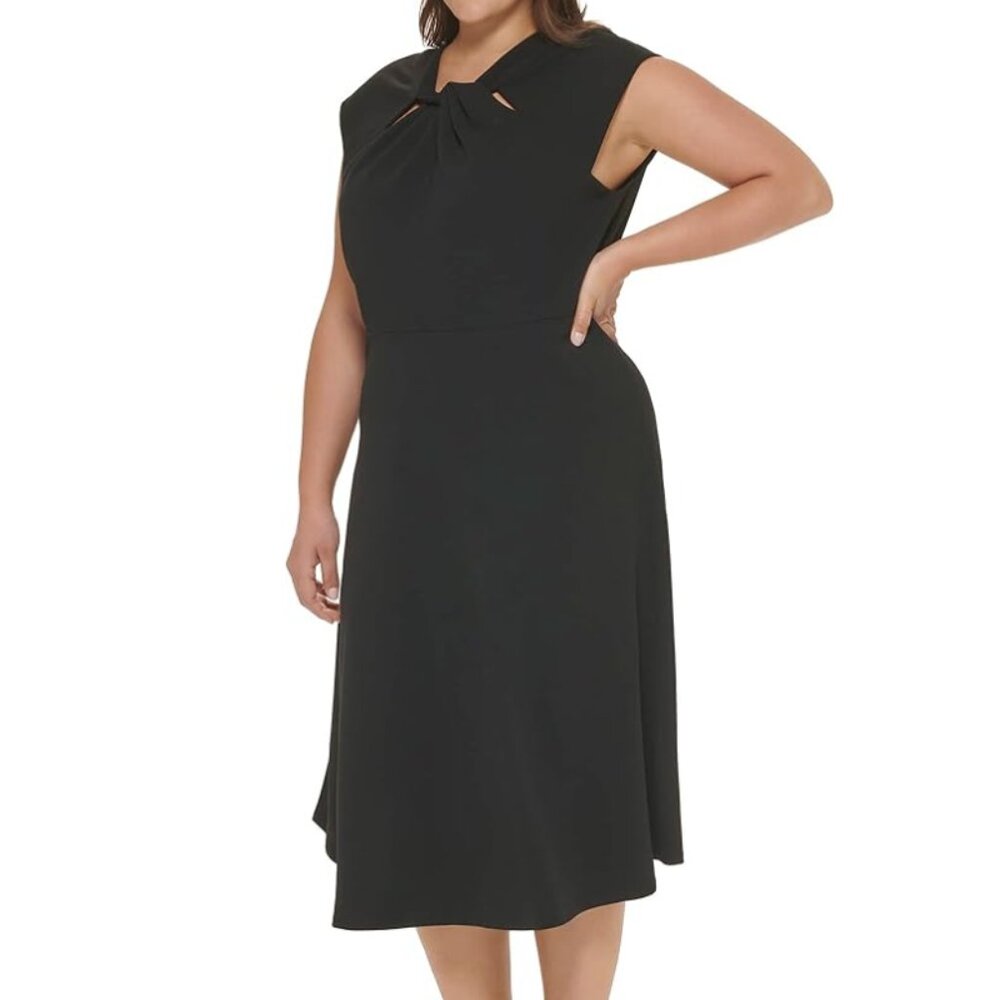 NWT DKNY Womens Black Scuba Crepe Sleeveless Twist Neck Midi Dress 16W PLUS SIZE